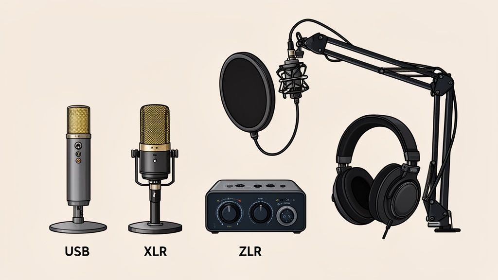 Illustration of various podcast recording equipment including USB and XLR microphones, an audio interface, headphones, and a boom arm setup.