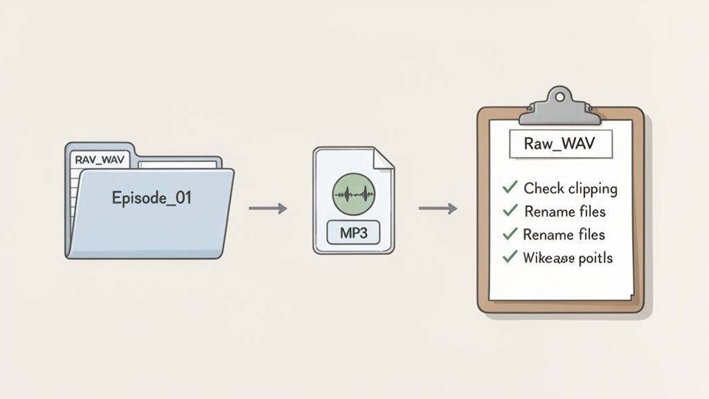 Illustration of a podcast production workflow, showing raw WAV files, MP3 conversion, and a checklist of tasks.