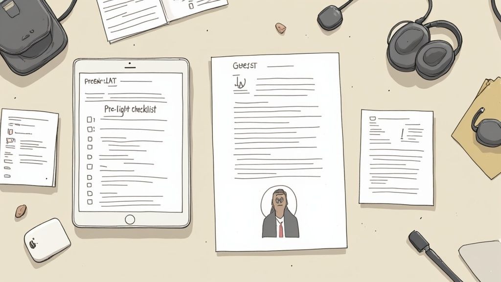 Flat lay of a remote podcasting workspace with a tablet, headphones, documents, and recording gear.