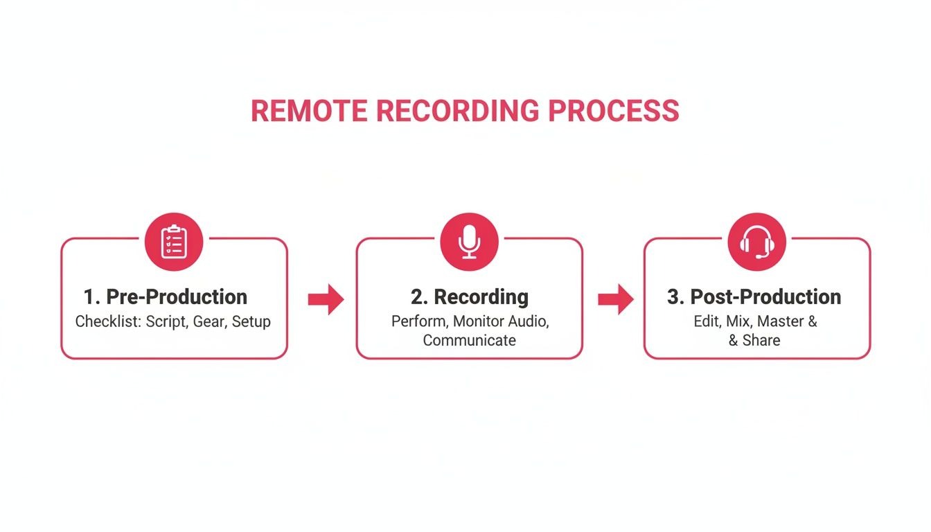 A flowchart illustrating the remote recording process with steps for pre-production, recording, and post-production.