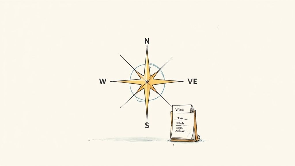 A compass rose points north, west, 'VE', and south, next to a clipboard titled 'Vice' with a list.