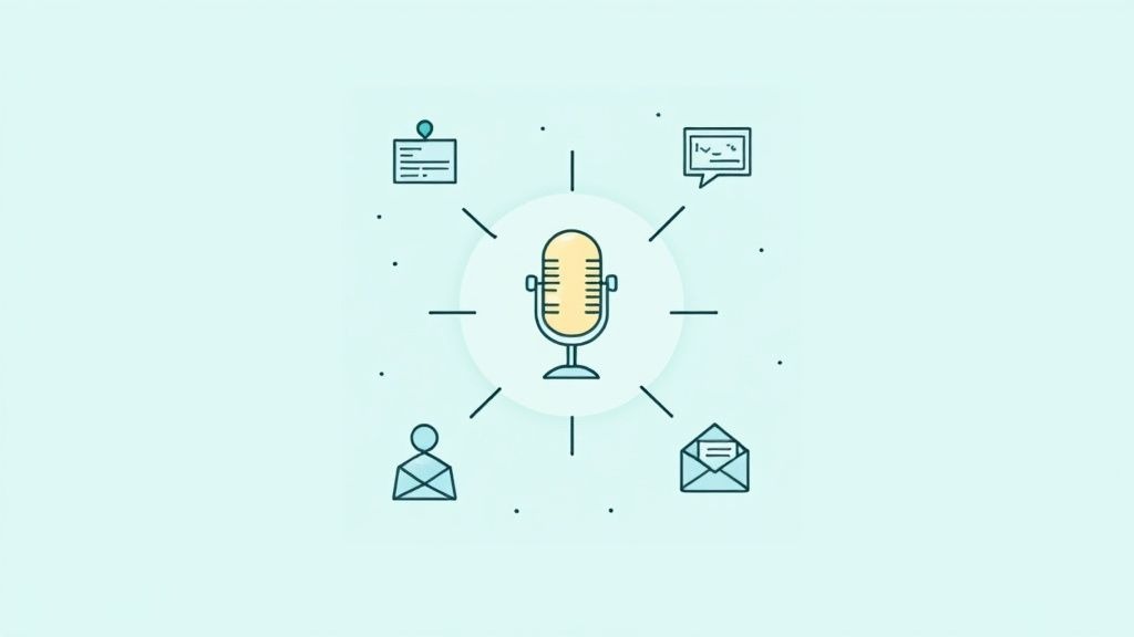 A central microphone icon connected to document, chat bubble, user, and email icons.