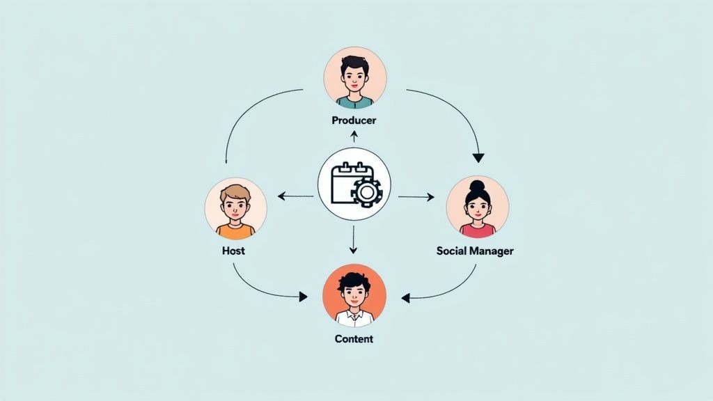 Diagram illustrating a content marketing workflow with Producer, Social Manager, Content, and Host roles.