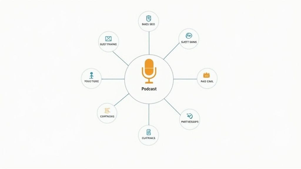A mind map centered on 'Podcast' showing connected strategies like SEO, guest framing, YouTube, and partnerships.