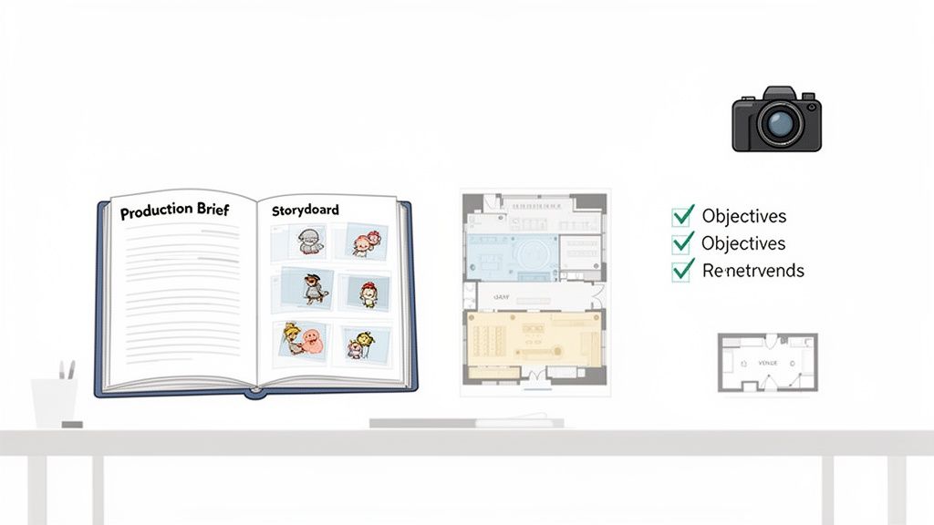 A desk with an open production brief, storyboard, architectural floor plans, camera, and a checklist.