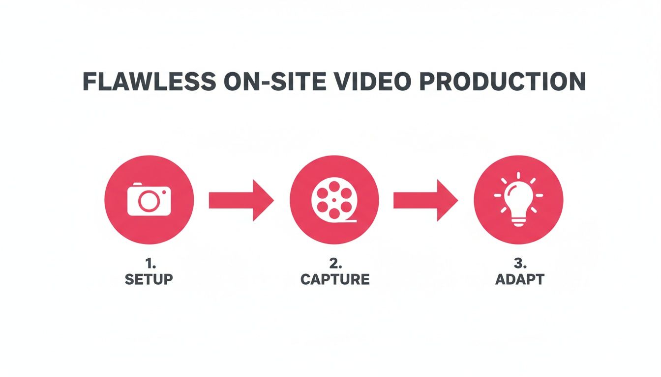 Diagram illustrating three key steps for flawless on-site video production: setup, capture, adapt.