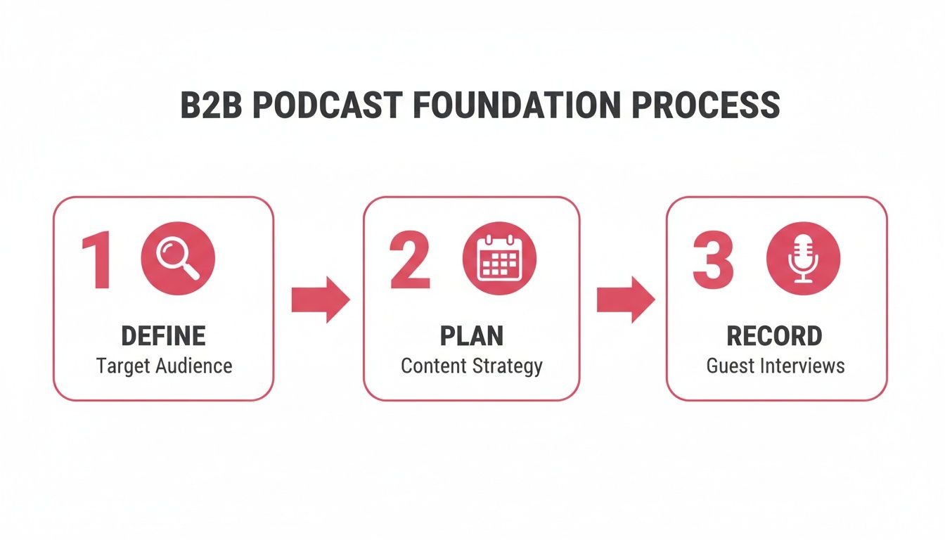 A three-step B2B podcast foundation process: Define target audience, Plan content strategy, Record guest interviews.