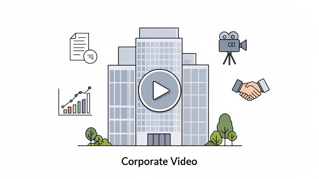 An illustration of a corporate building with a play button, surrounded by business icons for corporate video.