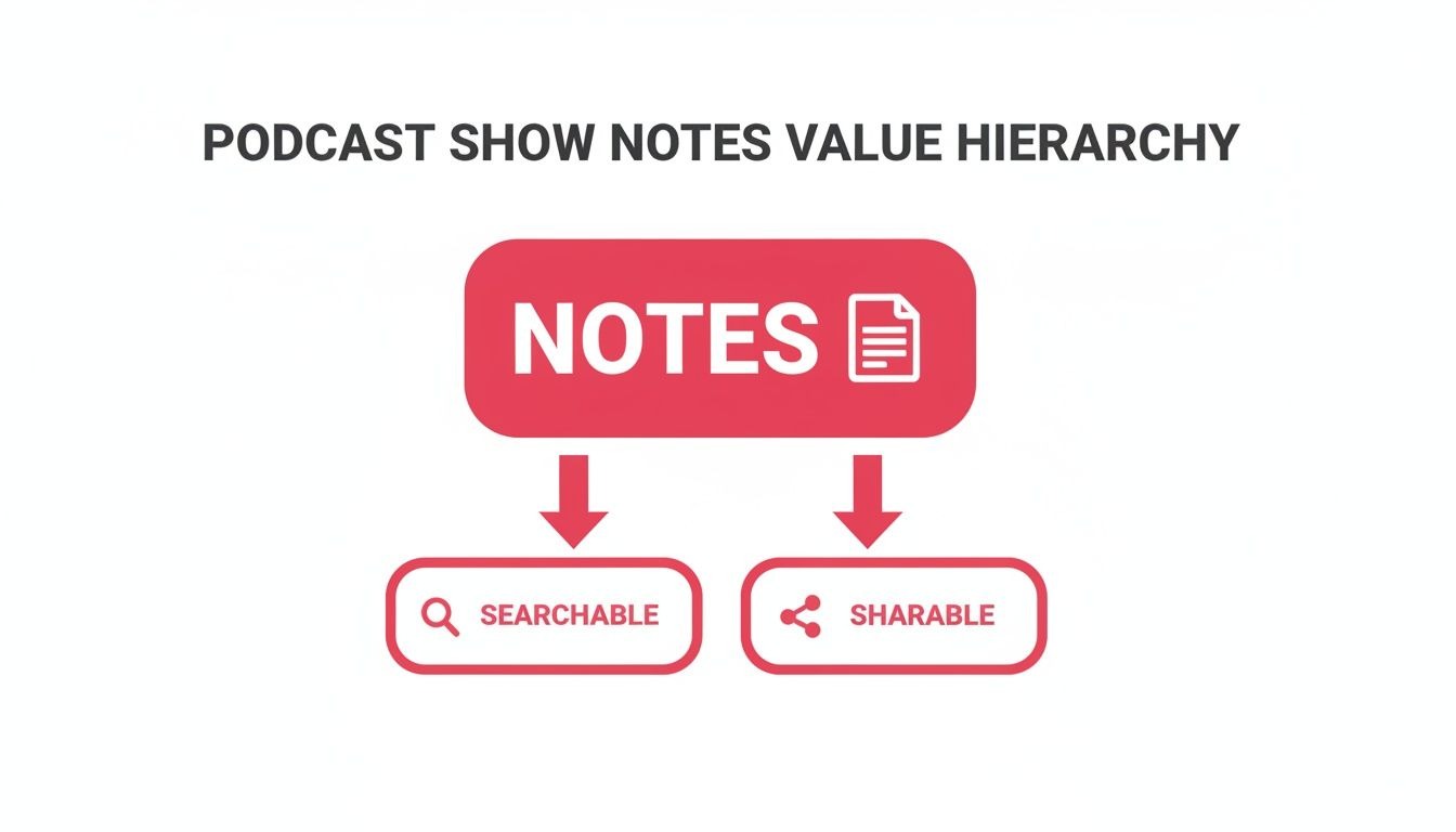 A diagram illustrating the podcast show notes value hierarchy, showing notes are searchable and sharable.