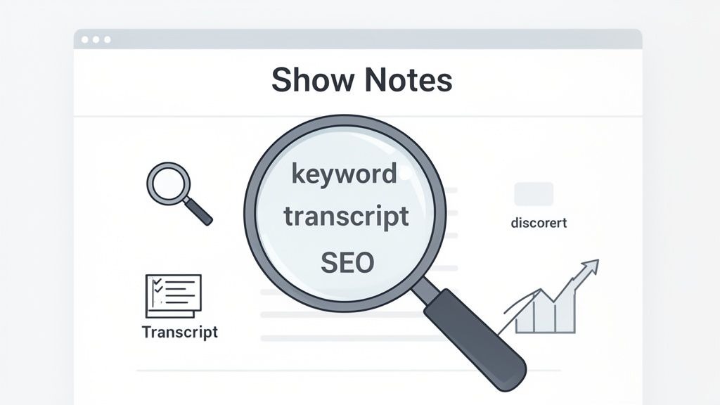 Illustration of podcast show notes with a magnifying glass highlighting keyword, transcript, and SEO terms. Includes a transcript icon and growth chart.