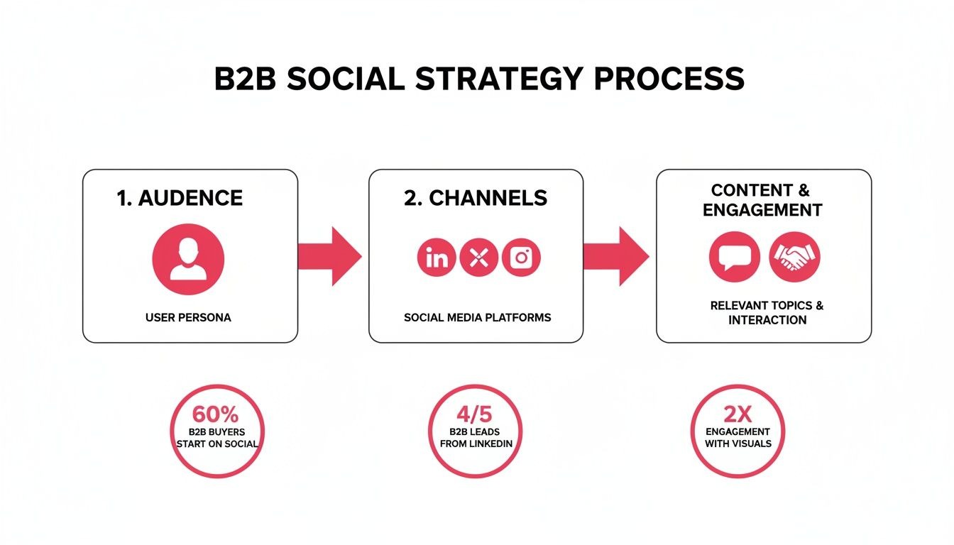 A B2B social strategy process flowchart outlines audience targeting, platform channels, and content engagement.