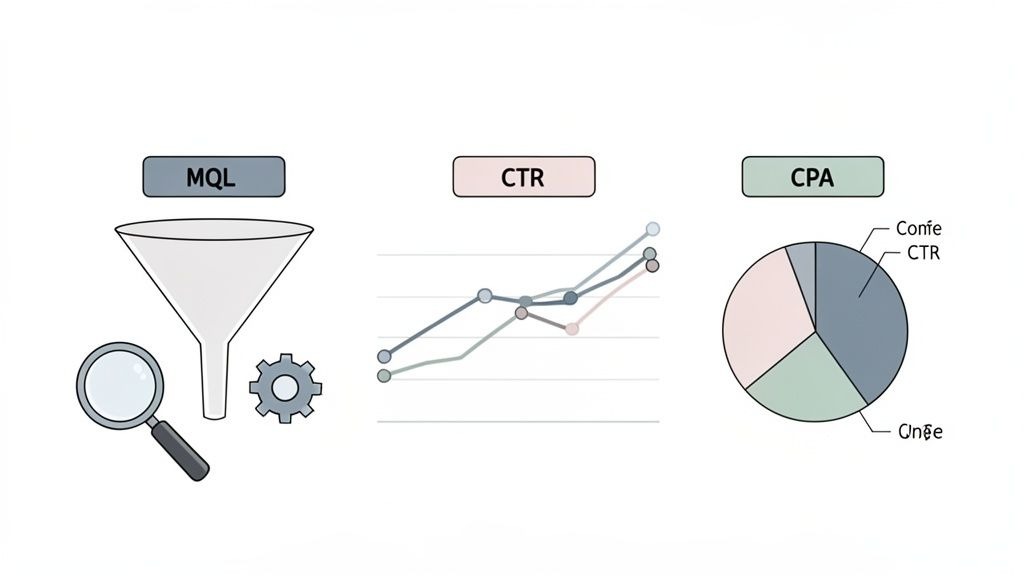 Visualizing marketing metrics: a funnel for MQL, a line graph for CTR, and a pie chart for CPA.