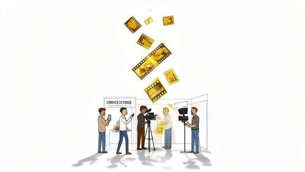 People filming an interview at a trade show booth with golden film strips falling.