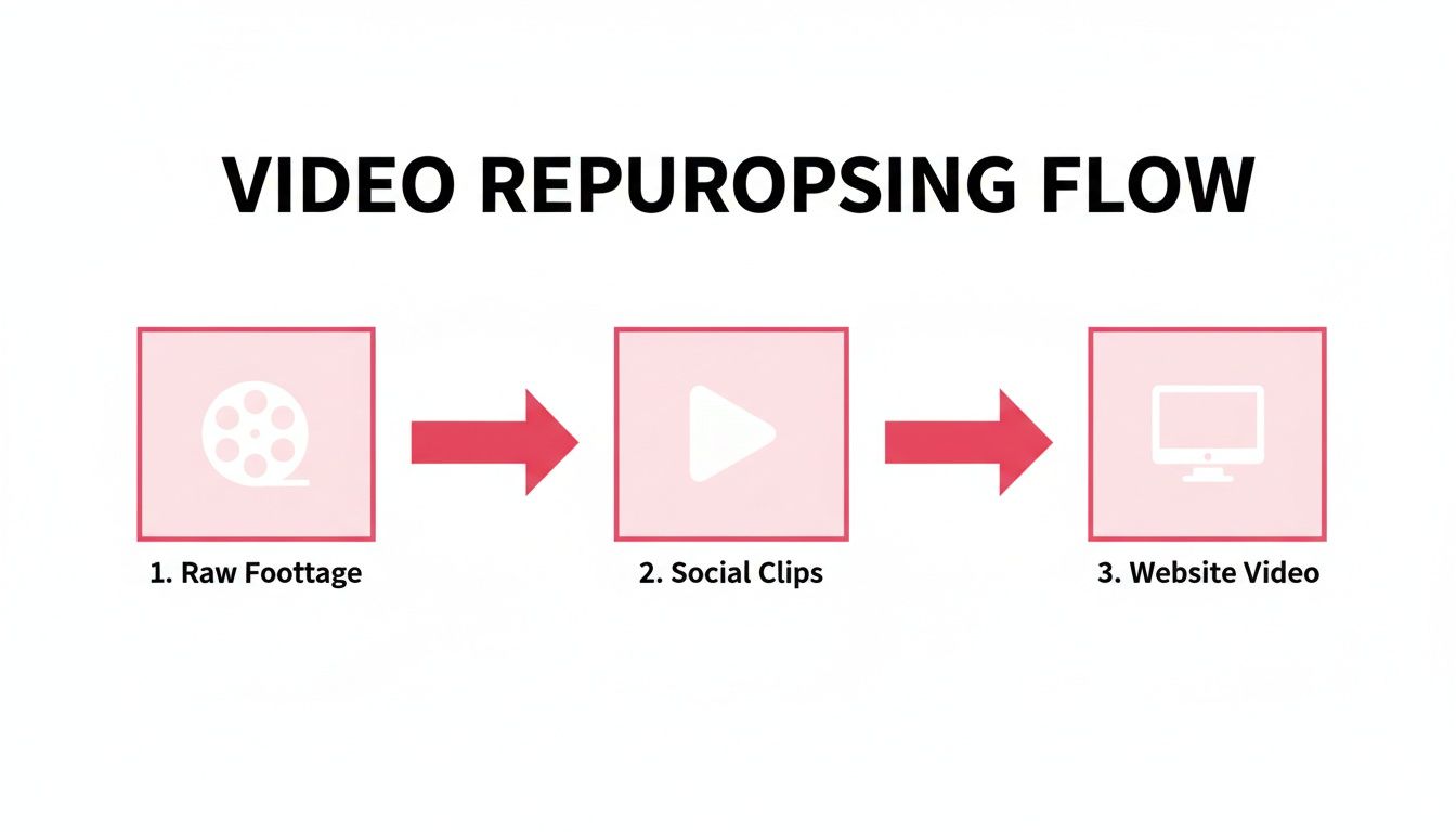 Flowchart illustrating the video repurposing process from raw footage to social clips and website video.