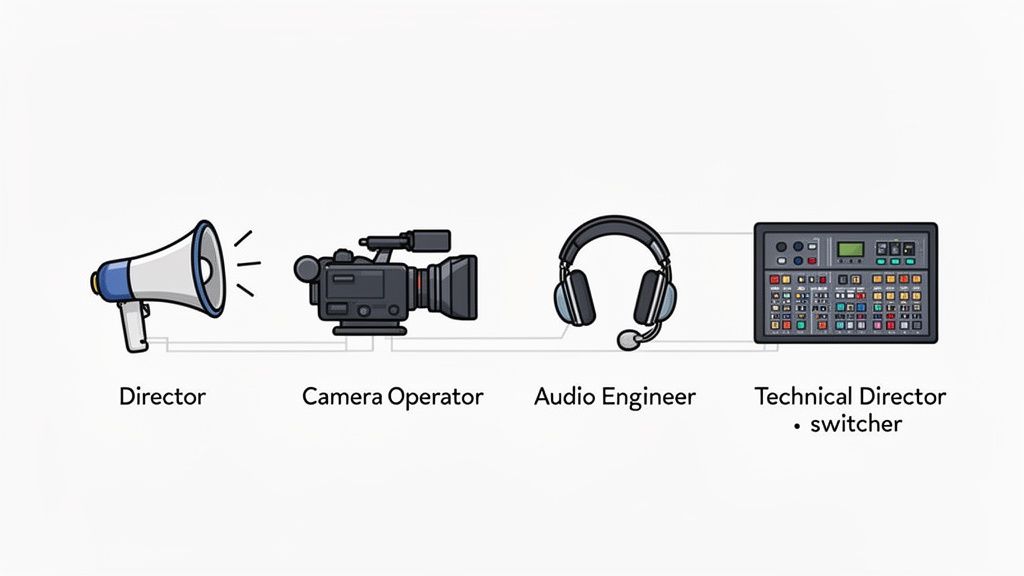 Illustration of video production roles including Director, Camera Operator, Audio Engineer, and Technical Director with their respective equipment.