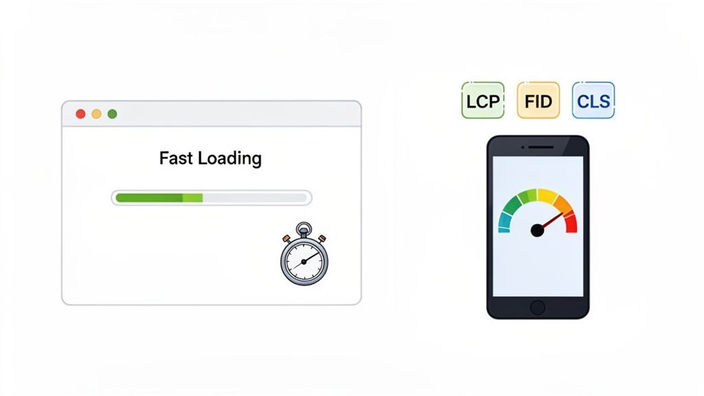 A browser showing 'Fast Loading' with a progress bar and stopwatch, alongside a smartphone displaying speed metrics like LCP, FID, CLS.