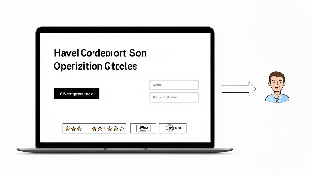 A laptop displays a website interface with form fields, a button, and star ratings, pointing to a cartoon man.