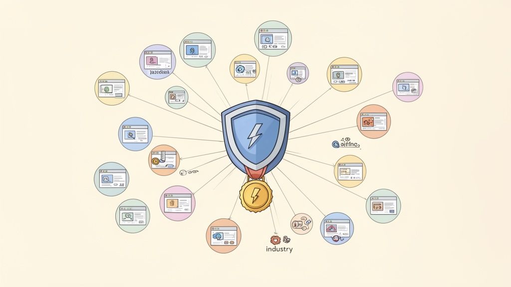 A central shield with a lightning bolt surrounded by web page icons representing a secure network.