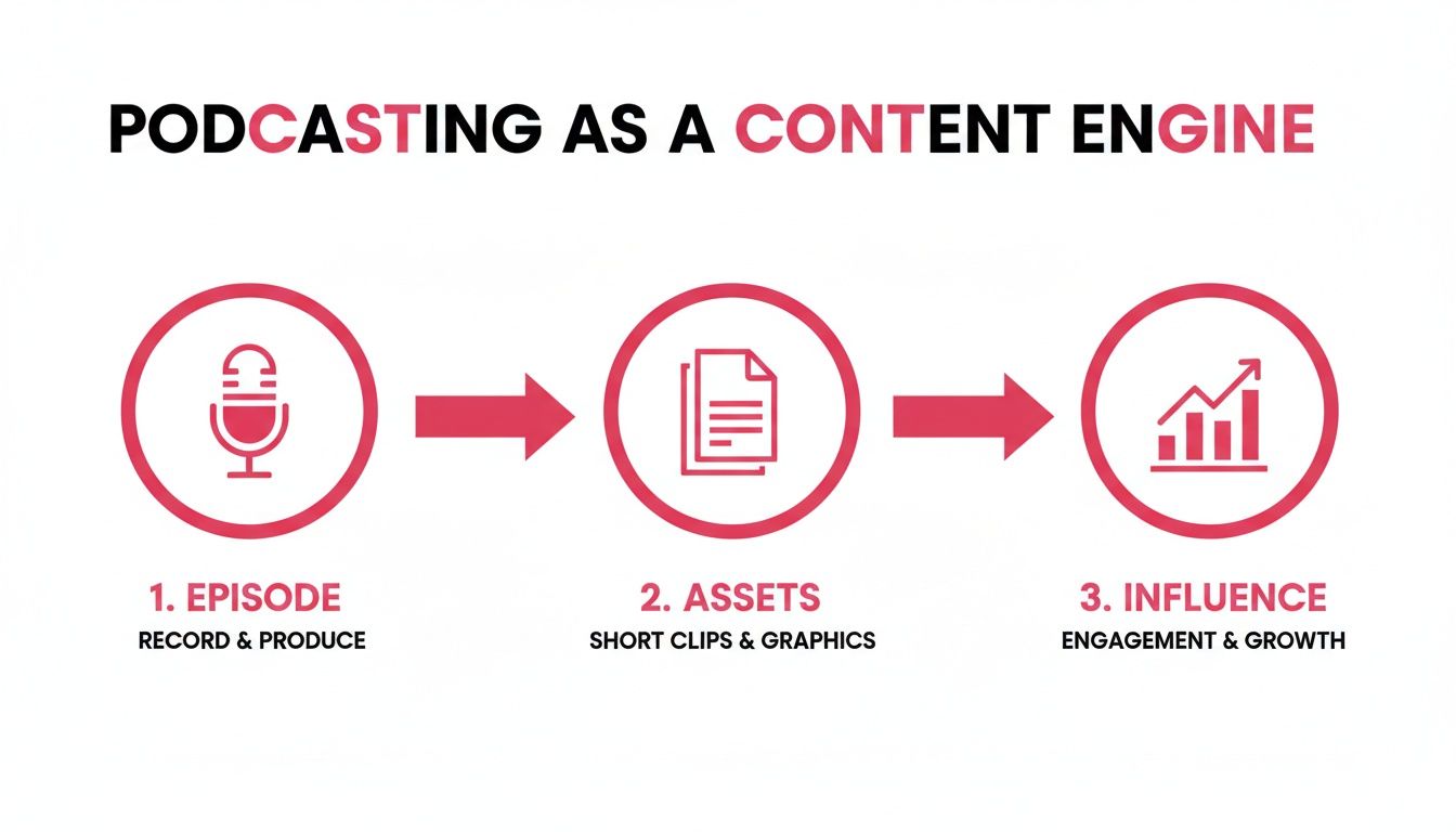 An infographic illustrating podcasting as a content engine, showing steps from episode creation to influence.