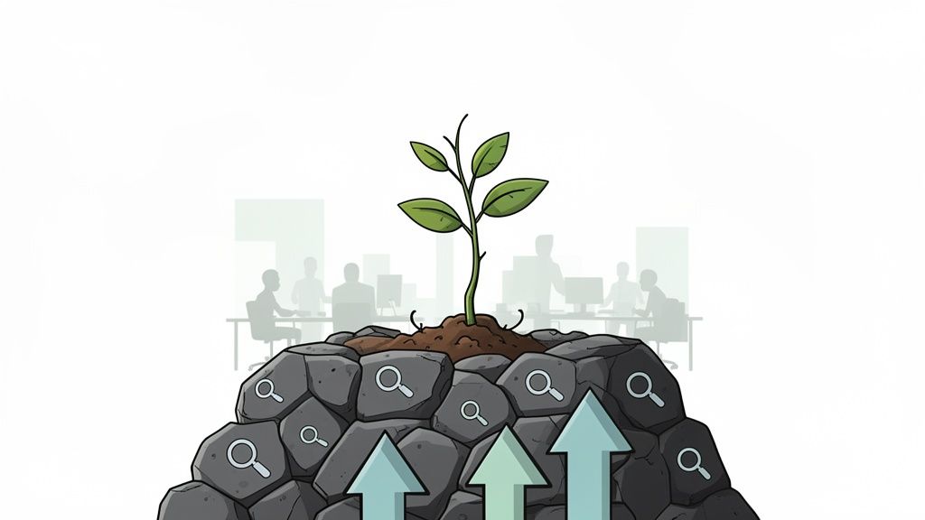 A green plant grows from a rock pile with magnifying glass icons and upward arrows, symbolizing organic growth.