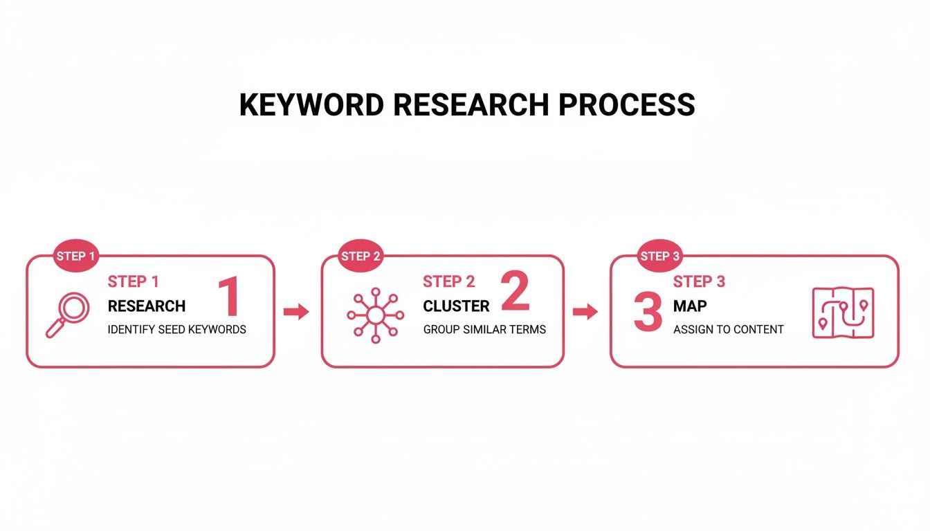 A diagram illustrating the three steps of the keyword research process: research, cluster, and map.