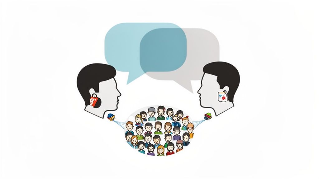 Illustration of two head profiles conversing via speech bubbles, connected to a diverse group of people.