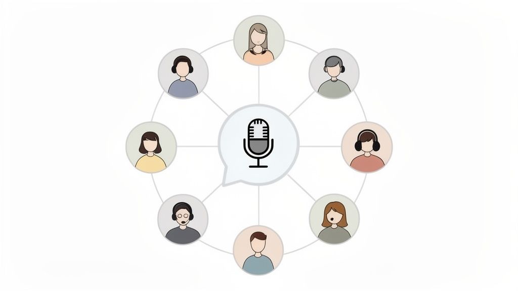 An illustration of a central microphone icon in a speech bubble connected to eight diverse user avatars, symbolizing a group discussion or podcast.