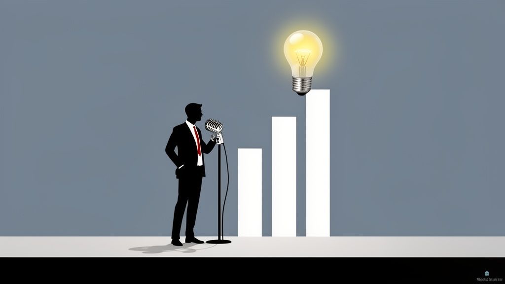 A businessman speaks into a microphone next to a rising bar chart with a glowing light bulb.