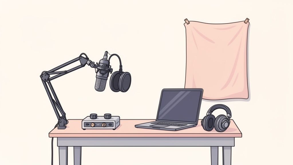 A minimalist podcast recording setup on a desk, featuring a microphone, audio interface, laptop, and headphones.