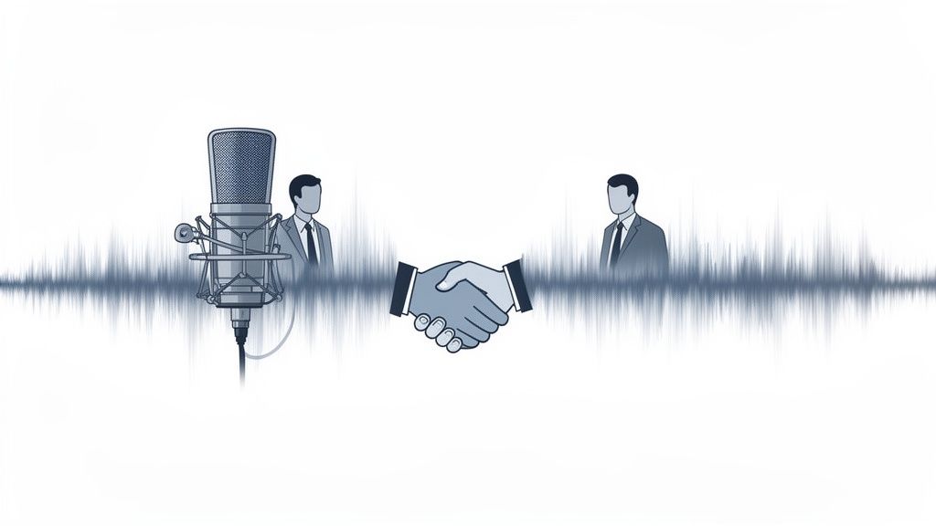 Illustration of two businessmen, a microphone, and a handshake over a sound wave, representing audio communication.