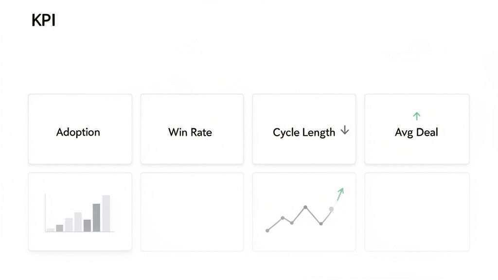 A dashboard displaying key performance indicators like Adoption, Win Rate, Cycle Length, and Avg Deal with associated charts.