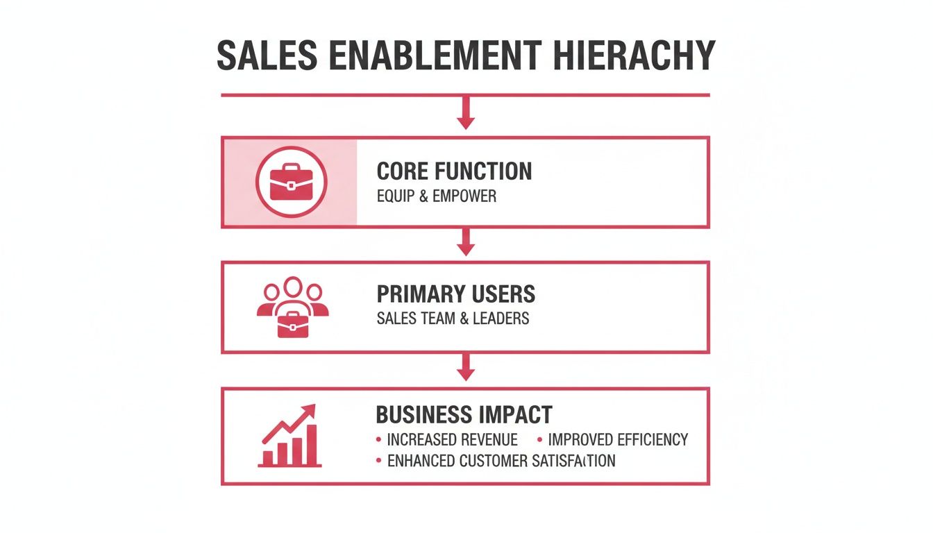 A sales enablement hierarchy outlining core functions, primary users, and business impact for sales success.