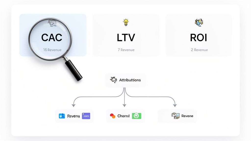 A marketing dashboard displaying CAC, LTV, ROI, and their attributions to revenue sources.