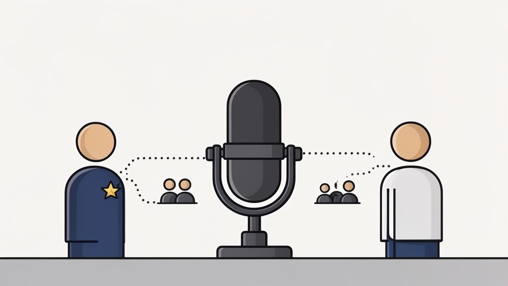 Illustration of two people, one an officer, communicating via a microphone with an audience.