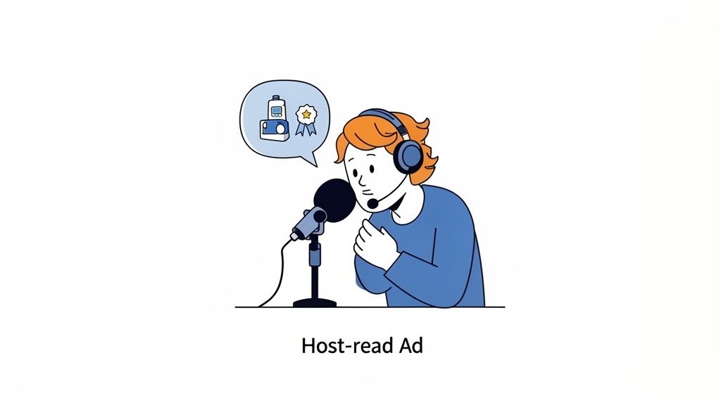 An illustration of a podcast host with headphones and a microphone, discussing products and awards.
