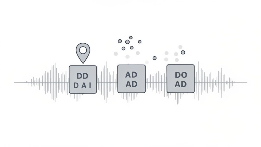 Illustration of an audio waveform with three blocks representing dynamic ad insertion stages.