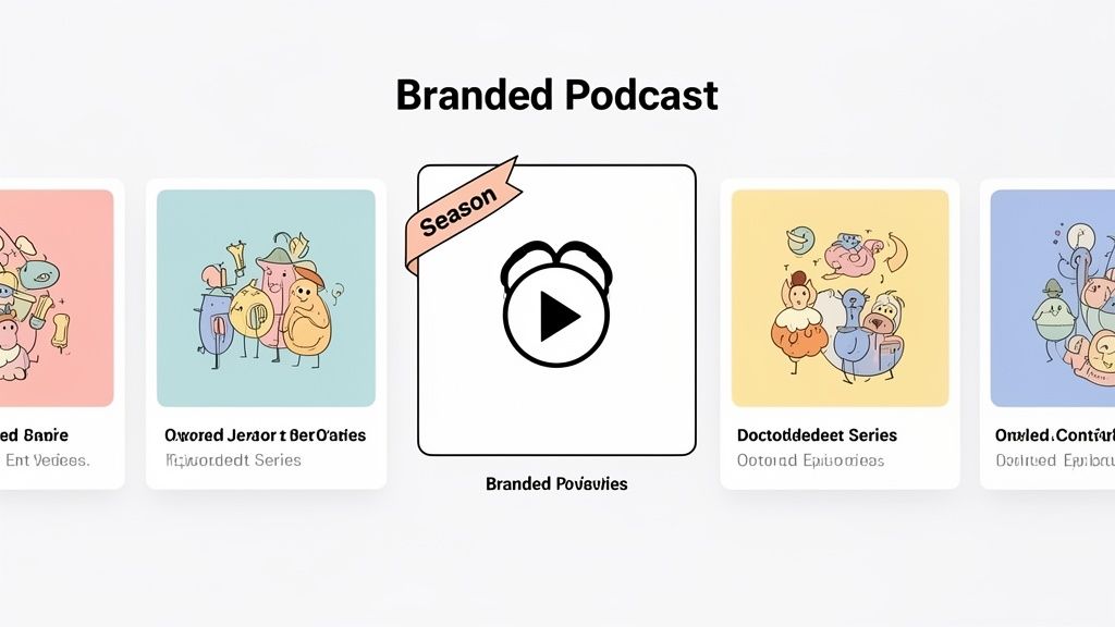A digital display showcasing five podcast album covers under the title 'Branded Podcast', with one highlighted.