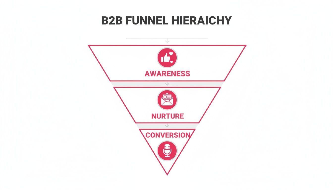 A clear B2B funnel hierarchy diagram illustrating awareness, nurture, and conversion stages.