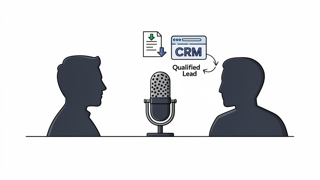 Podcast interview generating qualified leads, shown with CRM and document download icons.