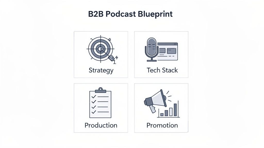 A B2B Podcast Blueprint outlining four essential steps: Strategy, Tech Stack, Production, and Promotion.