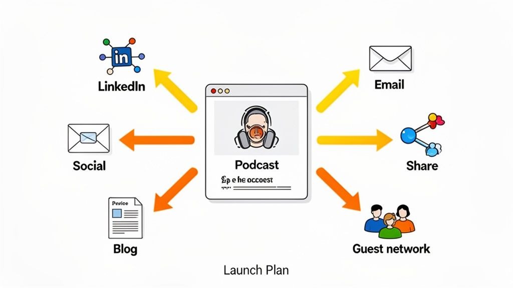 A diagram illustrating a podcast launch plan with various distribution and promotion channels.