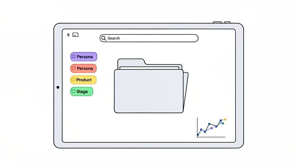 A clean tablet UI displaying a search bar, colored filter buttons, folders, and a data graph.