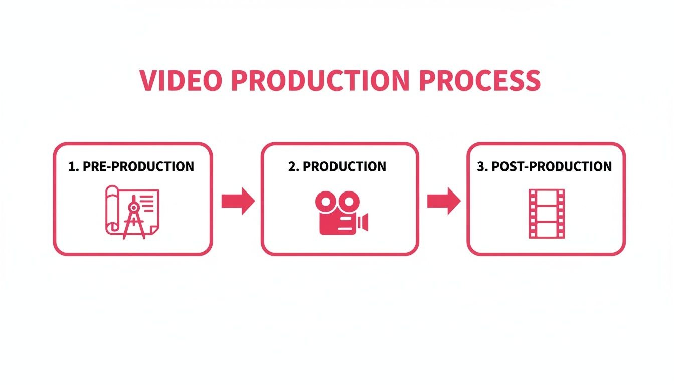 A diagram illustrating the three phases of video production: pre-production, production, and post-production, with corresponding icons.