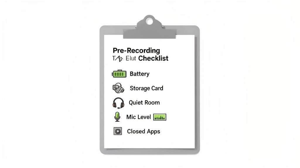 A pre-recording checklist on a clipboard with items like battery, storage card, quiet room, mic level, and closed apps.