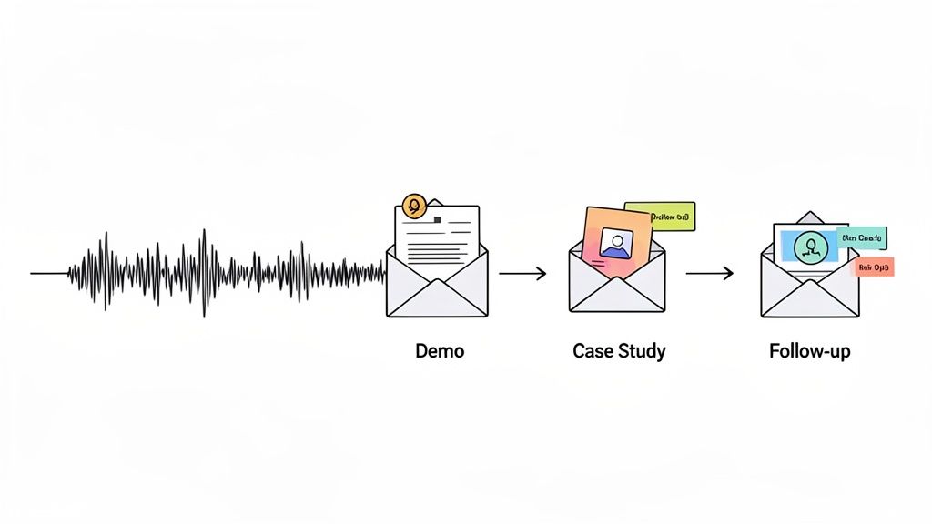 A visual diagram illustrating a multi-step lead nurturing process with audio input, demo, case study, and follow-up emails.