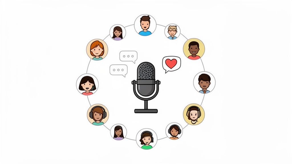 Illustration of a microphone at the center, surrounded by diverse people, symbolizing communication and community.