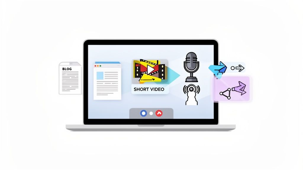 A laptop screen illustrating a digital content workflow: blog to short video, audio, and distribution.
