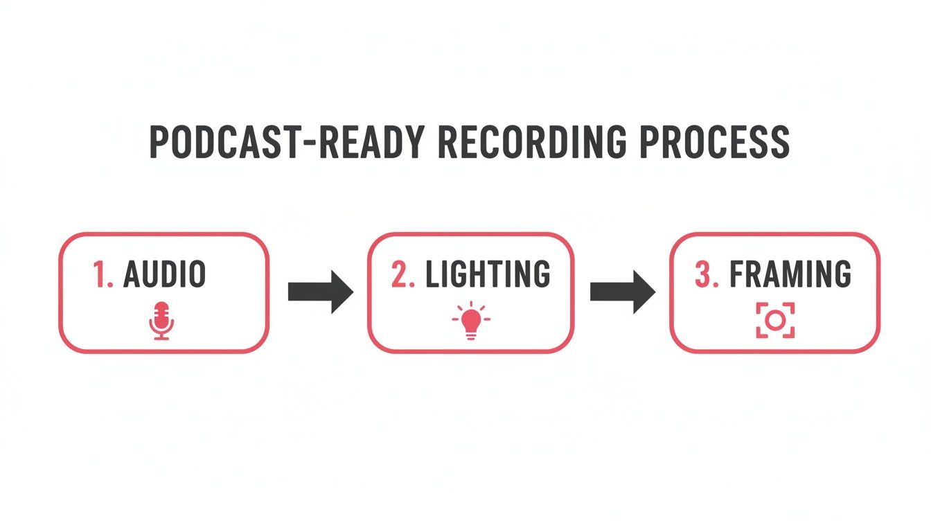 A three-step process for podcast-ready recording: 1. Audio, 2. Lighting, 3. Framing.