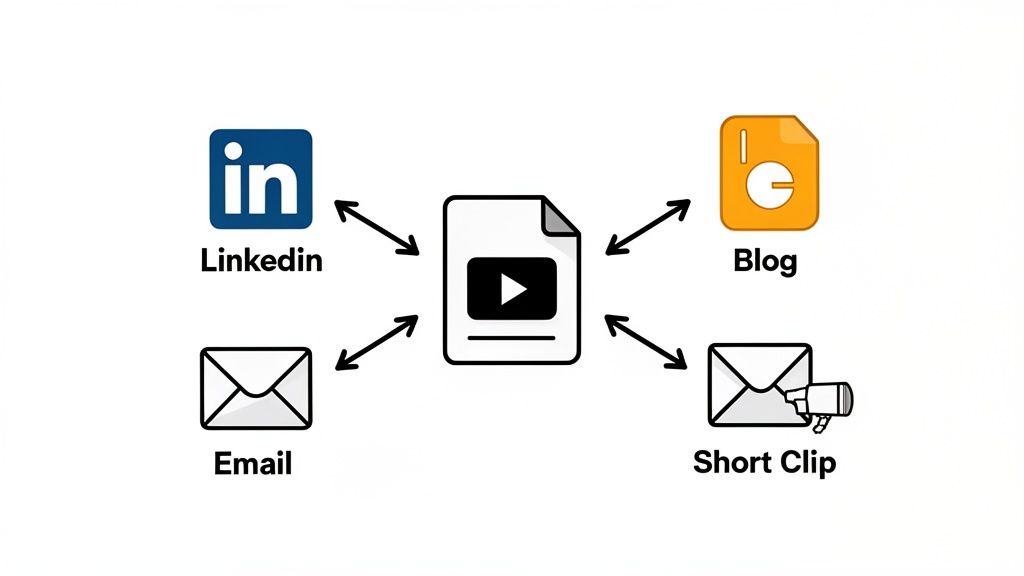 Diagram illustrating video content being repurposed and distributed across LinkedIn, a blog, email, and short clips.