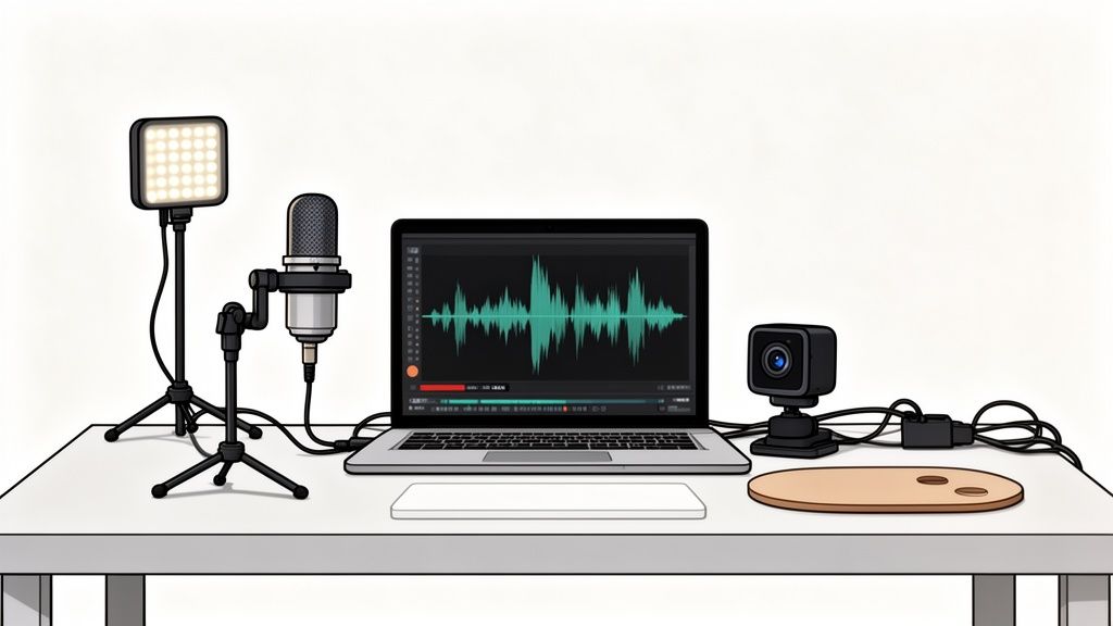 Desk setup with laptop showing audio waveform, microphone, LED light, and webcam for recording or live streaming.